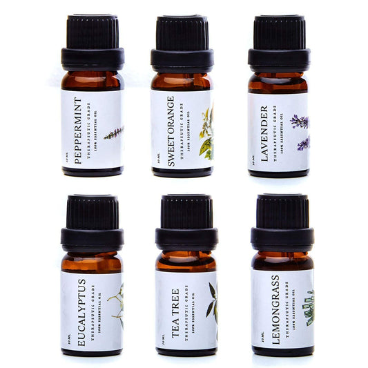 Essential Oils Set Pure Essentials - Top 6 Aromatherapy Oils Gift Set for Diffusers, Home Care, Candel Making, Fragrance -Eucalyptus, Lavender, Lemongrass, Sweet Orange, Peppermint, Tea Tree (10Ml)