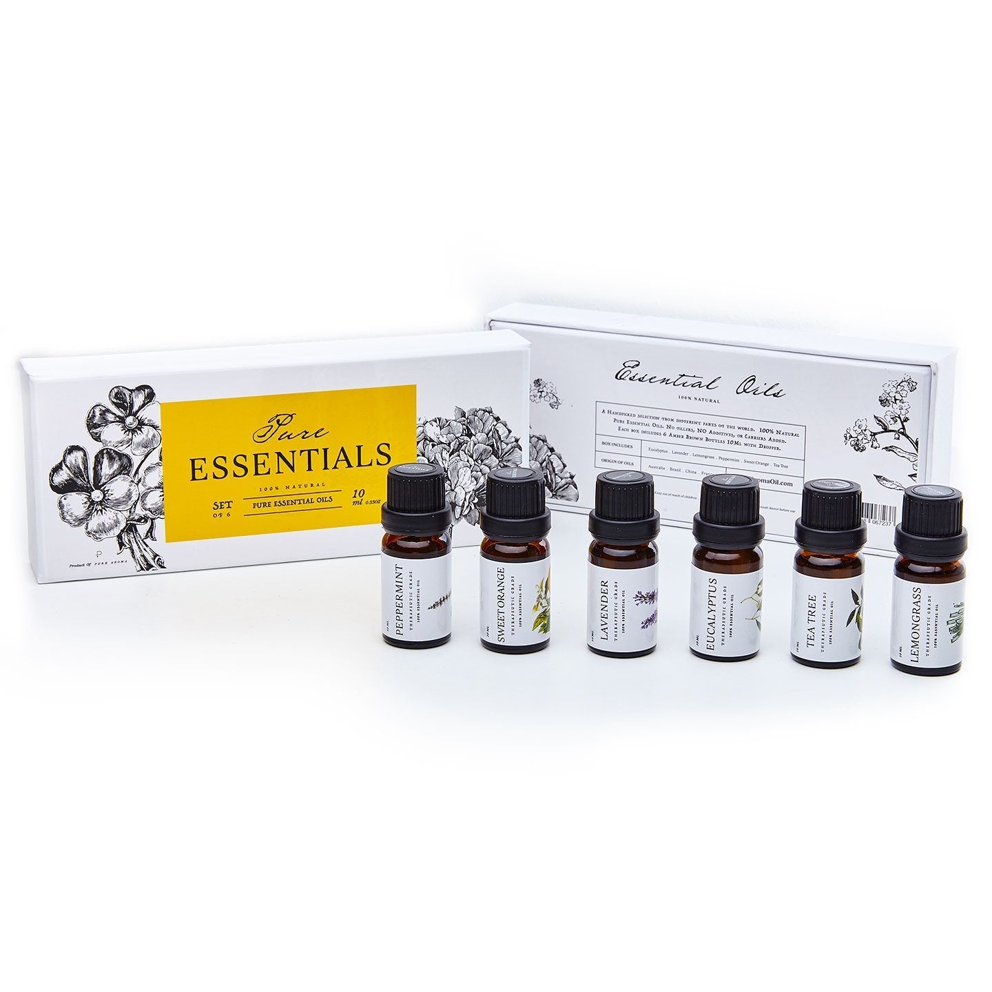 Essential Oils Set Pure Essentials - Top 6 Aromatherapy Oils Gift Set for Diffusers, Home Care, Candel Making, Fragrance -Eucalyptus, Lavender, Lemongrass, Sweet Orange, Peppermint, Tea Tree (10Ml)