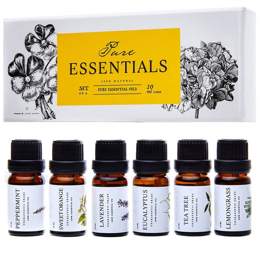 Essential Oils Set Pure Essentials - Top 6 Aromatherapy Oils Gift Set for Diffusers, Home Care, Candel Making, Fragrance -Eucalyptus, Lavender, Lemongrass, Sweet Orange, Peppermint, Tea Tree (10Ml)